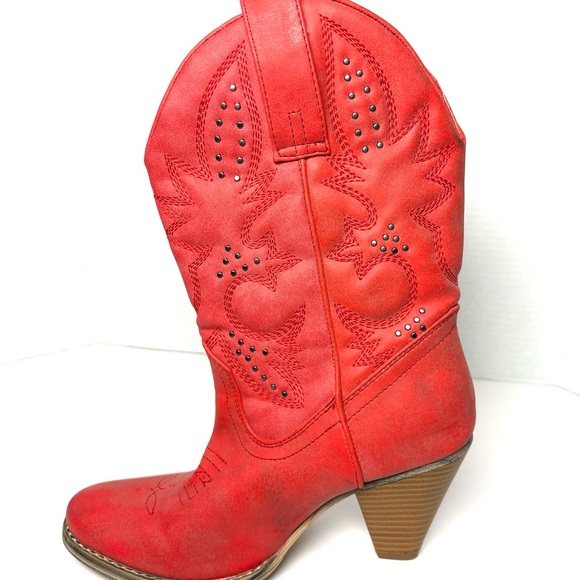 Very Volatile Red Cowboy Boots Studded Distressed Western Inlay Coastal Cowgirl - Picture 10 of 12